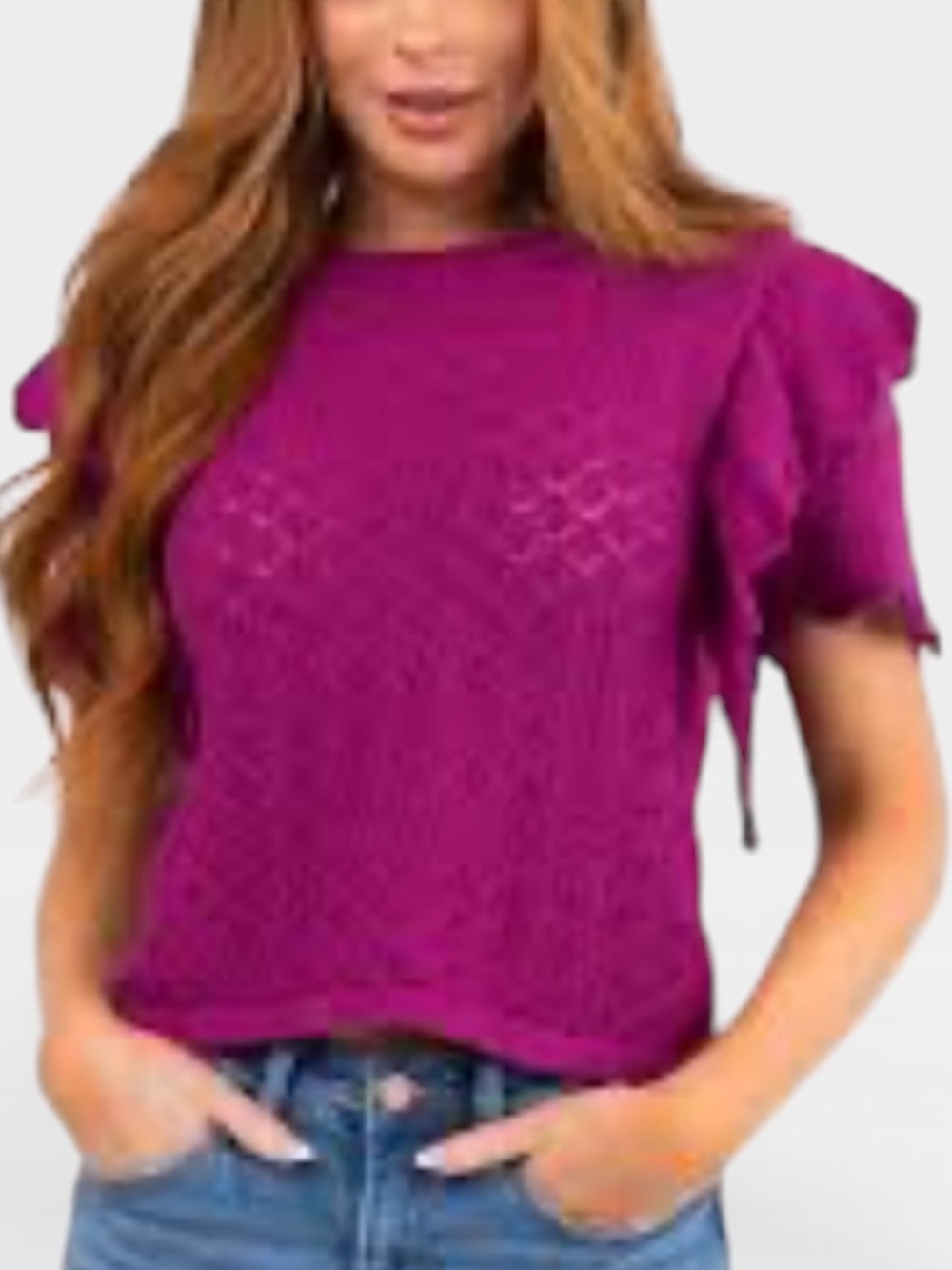 entro Purple Eyelet Knit Ruffle Sleeve Sweater top medium